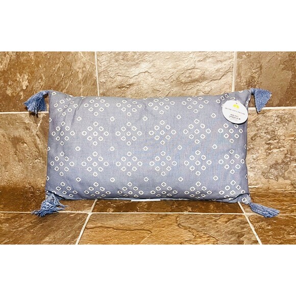 Blue and White Double Sided Lumbar Pillow Stripe Diamonds Tassels 10” x 18” New - Picture 2 of 7
